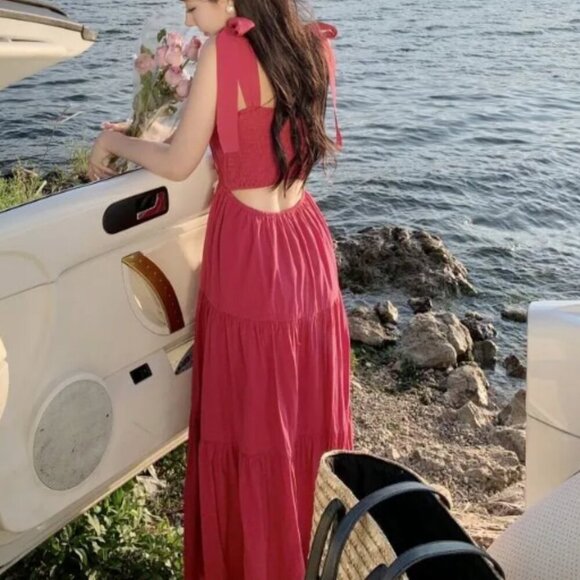 Ribbon Accent Open Back Midi Dress Pink – XXS - Picture 3 of 10